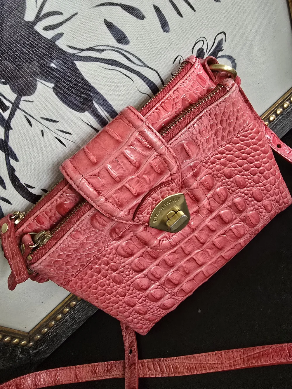 Brahmin Croc-Embossed Coral Pink Crossbody with Gold Hardware